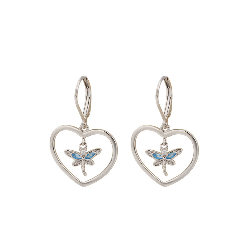 925 plata esterlina libélula aretes en forma de corazón para mujeres joyas transfronterizas japonesas y coreanas nicho de alto nivel Zircon amor pendientes