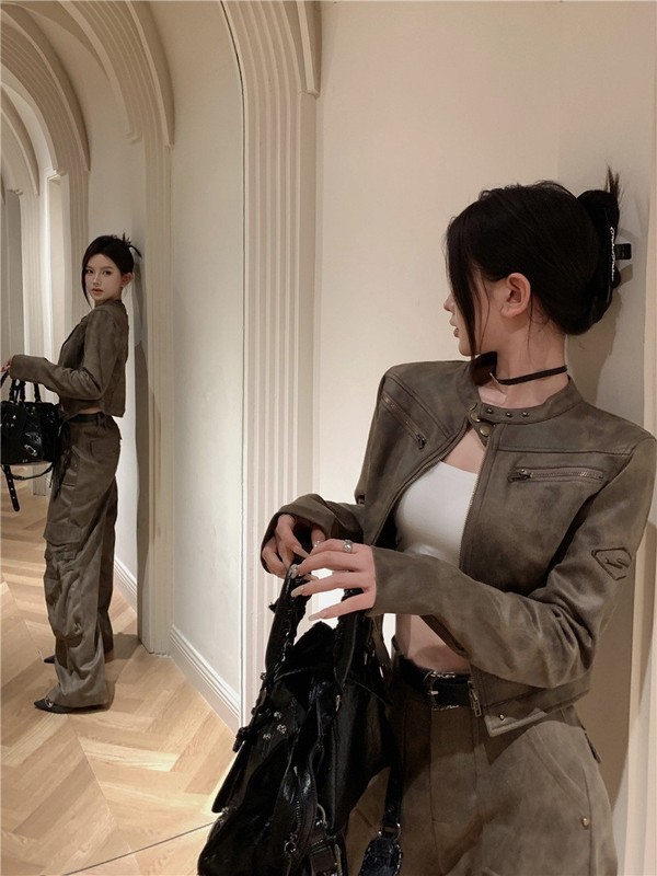 美式复古秋季短款机车服外套女春秋2025新款麂皮咖色帅酷气质夹克|undefined
