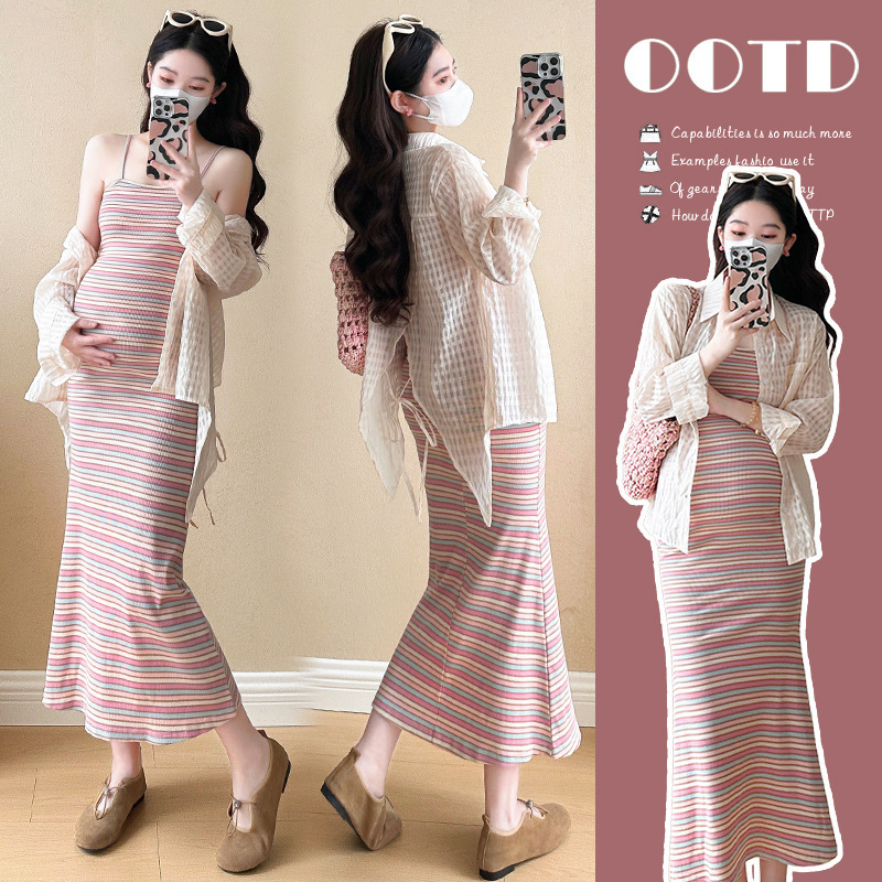 Maternity Dress Summer 2026 New Early Spring Rainbow Striped Knit Slip Dress Bodycon Long Dress Summer Set