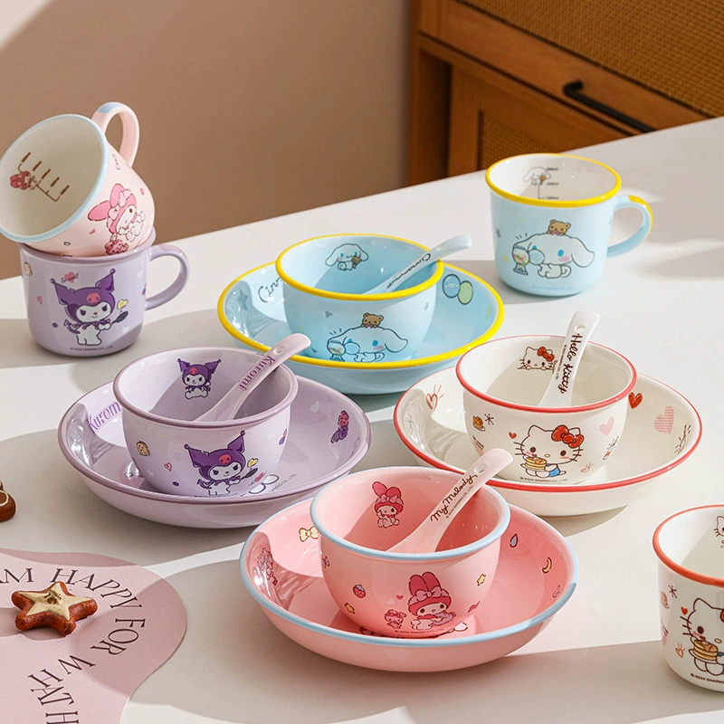 三丽鸥 Hello kitty, ceramic cartoon tableware for feeding, spoon with glass, chopsticks, set