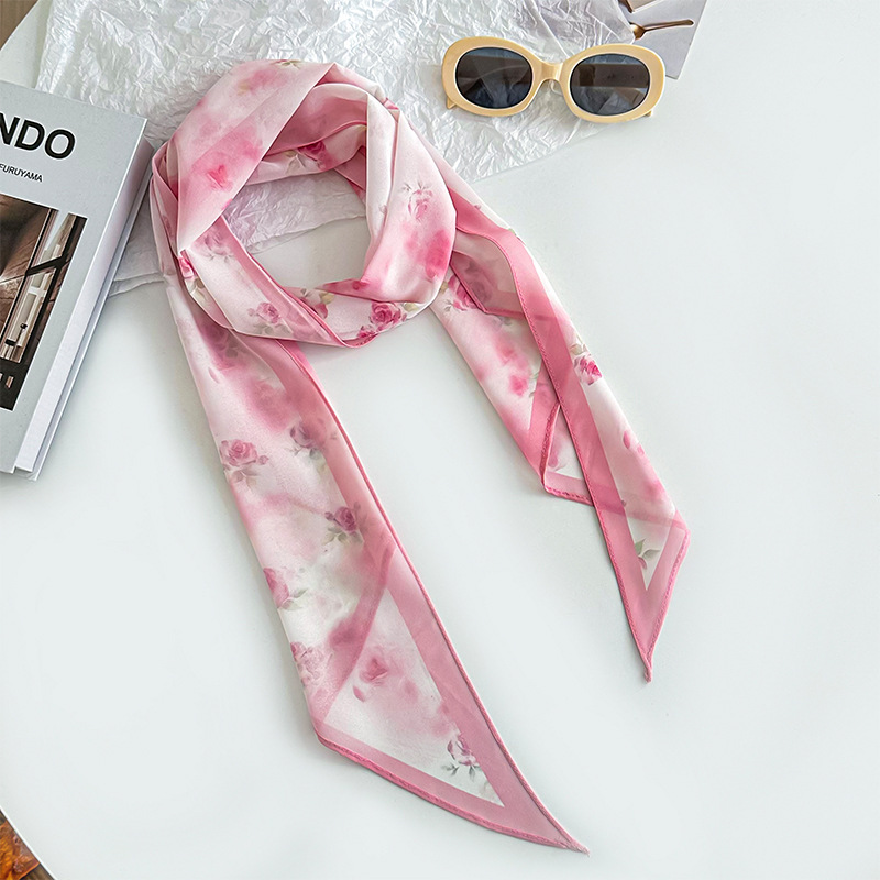 Bufanda de seda, banda larga, sentido de alta calidad, flor de doble cara, sentido de la atmósfera coreana, pañuelo, cinturón para el cabello, bufanda decorativa, bufanda fina, chal