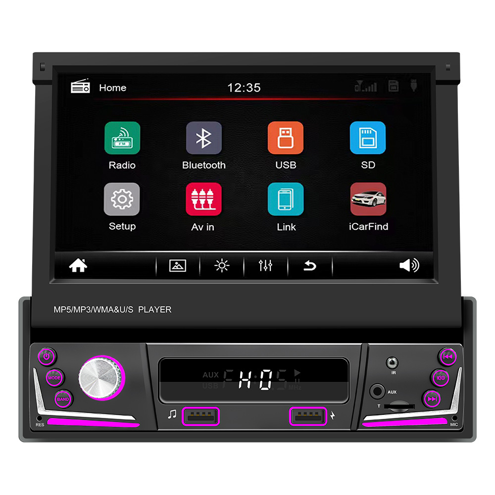 Procesamiento personalizado de 7 pulgadas de un solo husillo pantalla retráctil MP5 reproductor carplay coche Bluetooth radio del coche