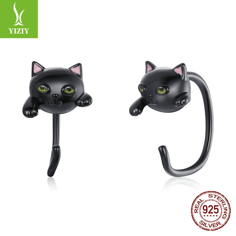 Серьги и кольцо (YIZIY) 925 стерлингов серебро с котом мотивом, окисленная/циркония/эмаль, варианты маленькие и большие