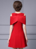 Smart and socialite temperament， red dress， handmade beaded high waisted design， semi off the shoulder dress， 2024 summe
