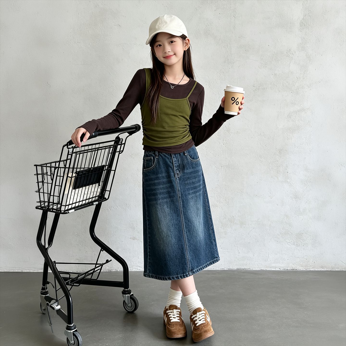 Girls' denim midi skirt, 2026 autumn new collection, stylish and casual short skirt for older children, suitable for spring and autumn, children's denim skirt