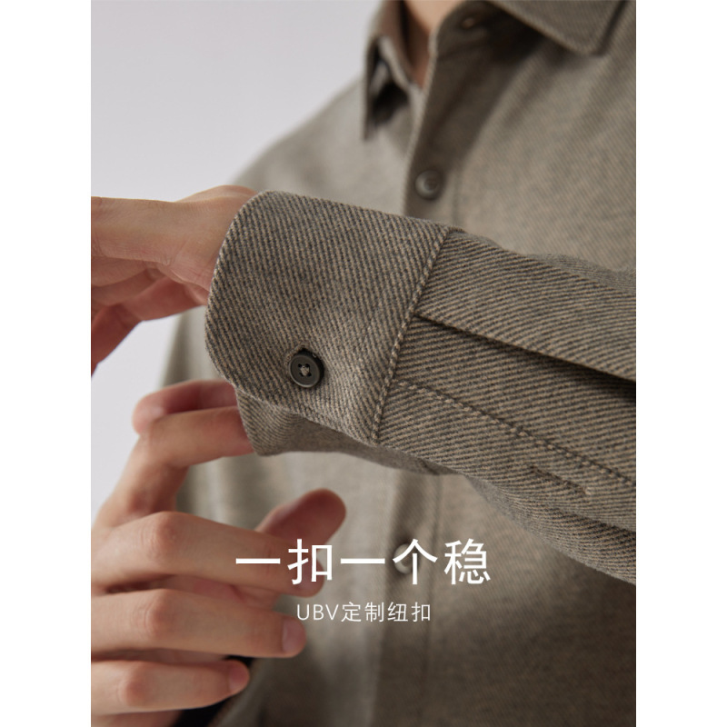毛呢长袖衬衫男士秋冬加绒保暖衬衣易打理休闲纯色磨毛加厚寸衫|undefined