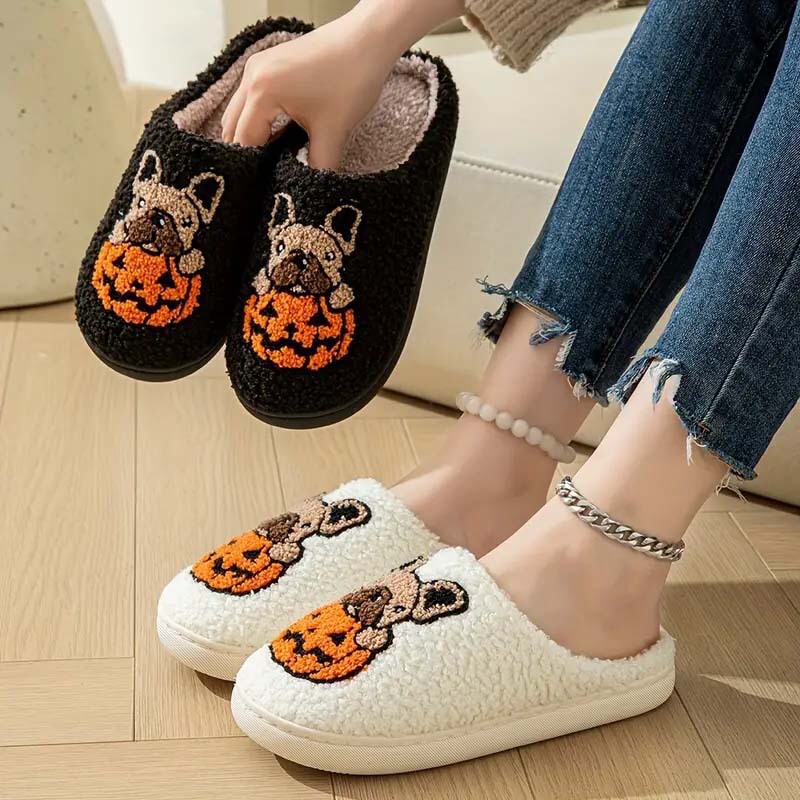Cross-border Halloween Pumpkin Slippers Indoor and Outdoor Cartoon Pumpkin Dog Pattern Couple Non-slip fleece-lined Thick Cotton Slippers