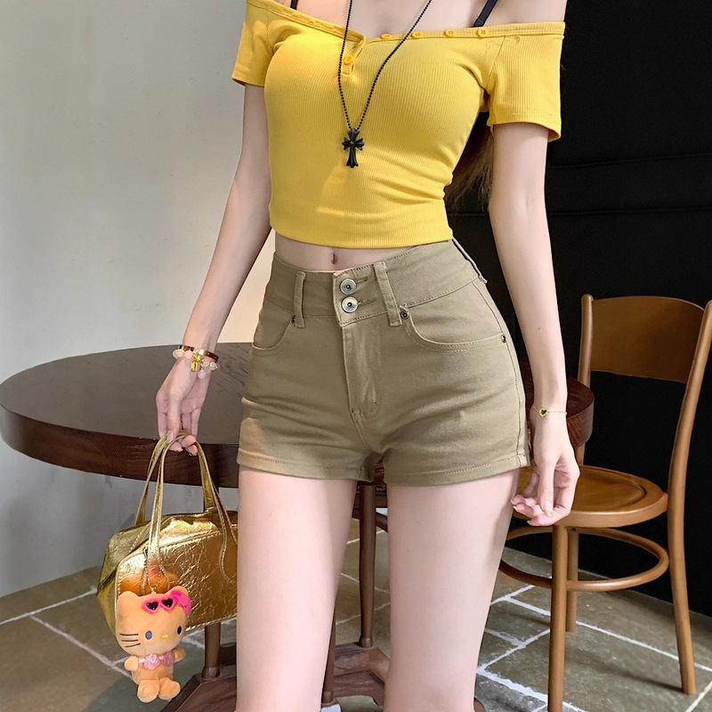 Women's Khaki Denim Shorts Summer Two-Button Straight Pants High-Waisted Hip-Hugging Slimming A-Line Hot Pants
