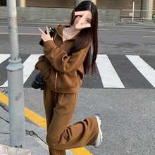 大码胖mm日系休闲运动阔腿裤套装女300斤秋季连帽开衫卫衣两件套