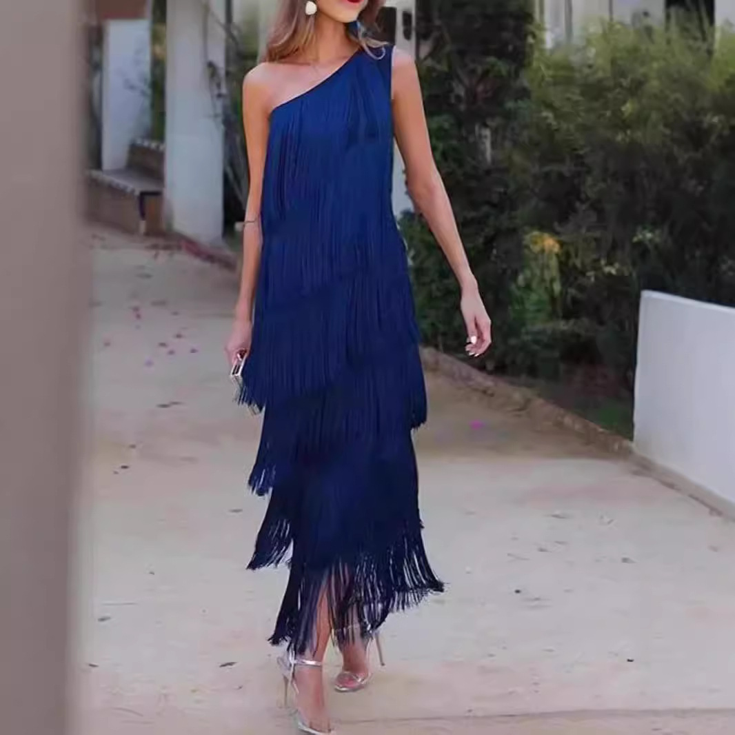 2024 Spring and Summer New European and American Foreign Trade Fashion Tassel Slant Shoulder Asymmetric dress Evening Dress
