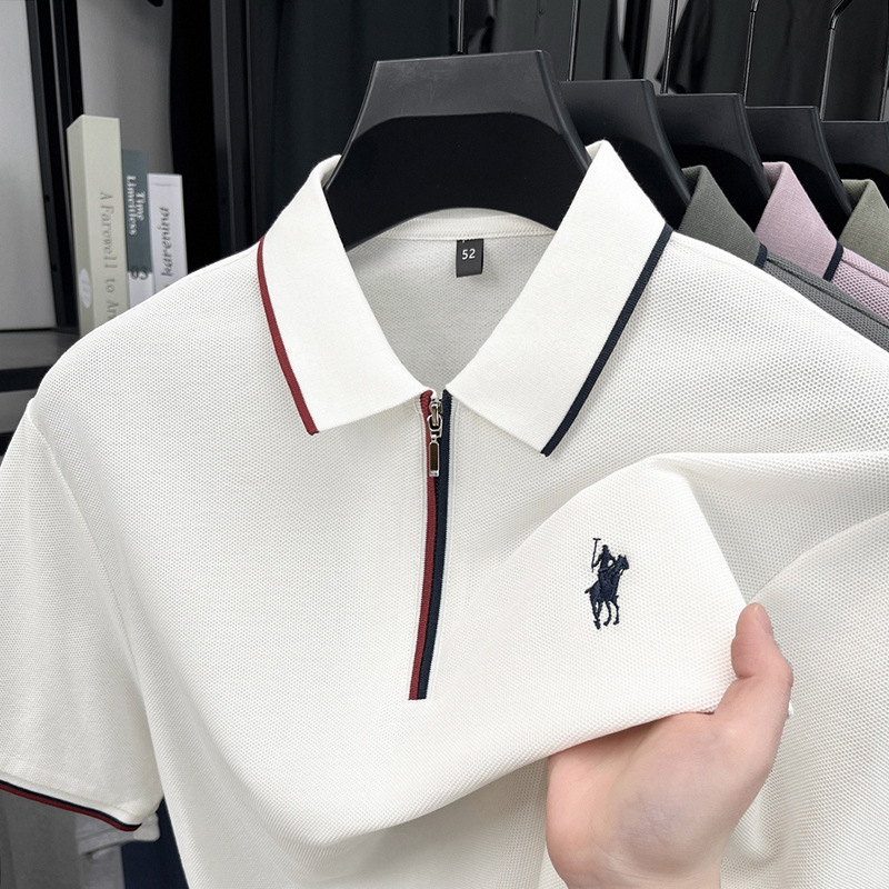 Summer New Style Men's Half-Zip Fashion Solid Color Embroidered Polo Shirt for Young and Middle-Aged Men, Korean Style High-End Casual Short-Sleeved Men's Shirt
