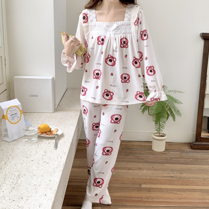 Oso de fresa primavera y otoño pijamas de algodón de manga larga pantalones de estilo de princesa dulce de las mujeres más el tamaño casual ropa para el hogar