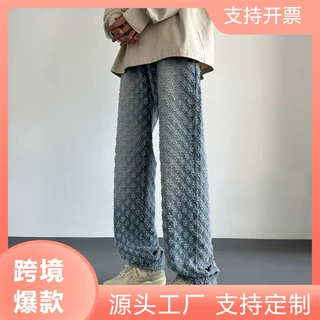2024牛仔现货美式高街提花满印牛仔裤男设计感直筒潮牌宽松裤子