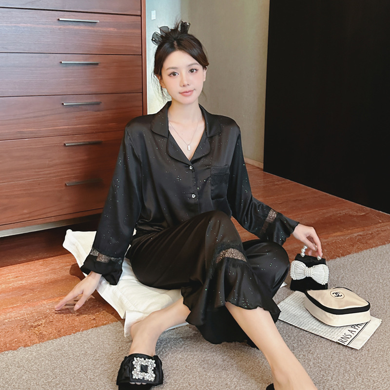 2026 Spring and Autumn Ice Silk Pajamas for Women with Butterfly Hollow-Out Sequins, French Fairy Style, Elegant Homewear, Solid Color Set