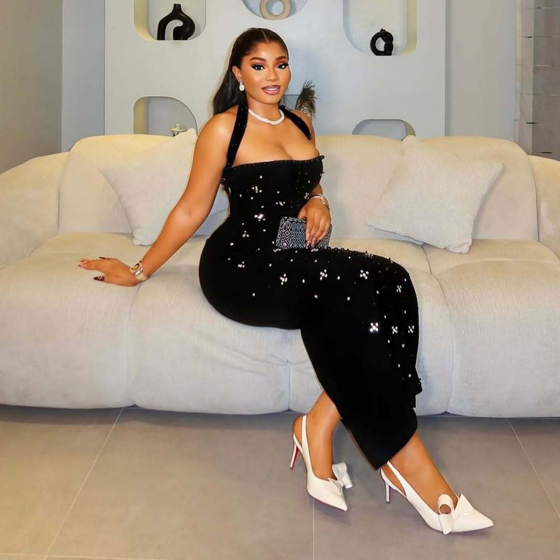 2025 Export Fashion Sleeveless Beaded Backless Halterneck Slim Casual Tight Long Hip-Hugging Party Dress