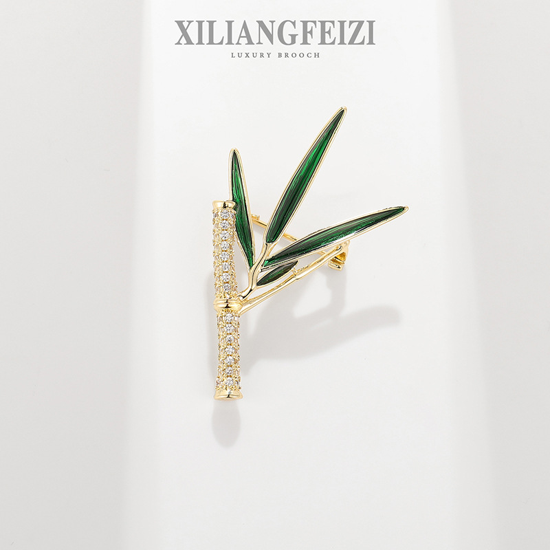Xiliang Feizi High-end Antique Bamboo Brooch Elegant Green Enamel Leaf Zircon Corsage Cheongsam Accessories Pin