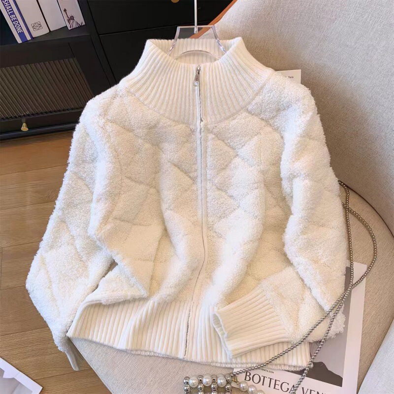 Half-Turtleneck Zipper Sweater for Women 2026 New Thickened Loose Top Solid Color Diamond Pattern Knitted Cardigan Jacket Half-Turtleneck Zipper Sweater for Women 2026 New Thickened Loose Top Solid Color Diamond Pattern Knitted Cardigan Jacket