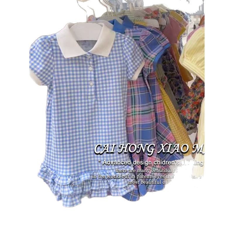 Xianning siete ropa para niños vestido de niña 25 verano nuevo estilo niña estilo extranjero vestido de encaje a cuadros con cuello Polo