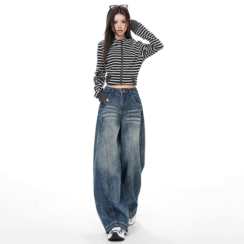 High-Waisted American-Style Loose Wide-Leg Jeans with a Three-Dimensional Cut Silhouette, Floor-Length Cropped Pants, Extended Length
