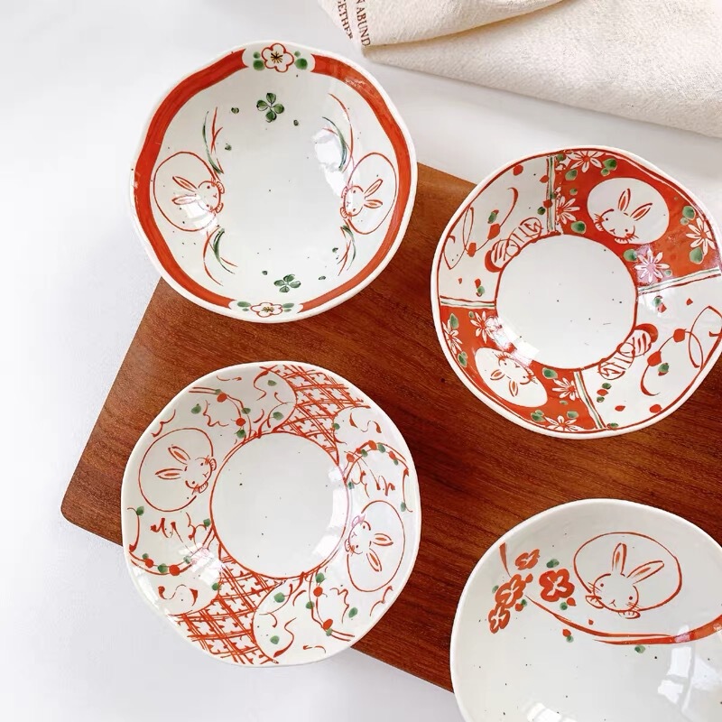 Japanese Imported Ceramic Tableware Set, Japanese-Style Red-Painted Cherry Blossom Underglaze Color Dinner Plates, Bowls, and Mug Set for Wedding Gift