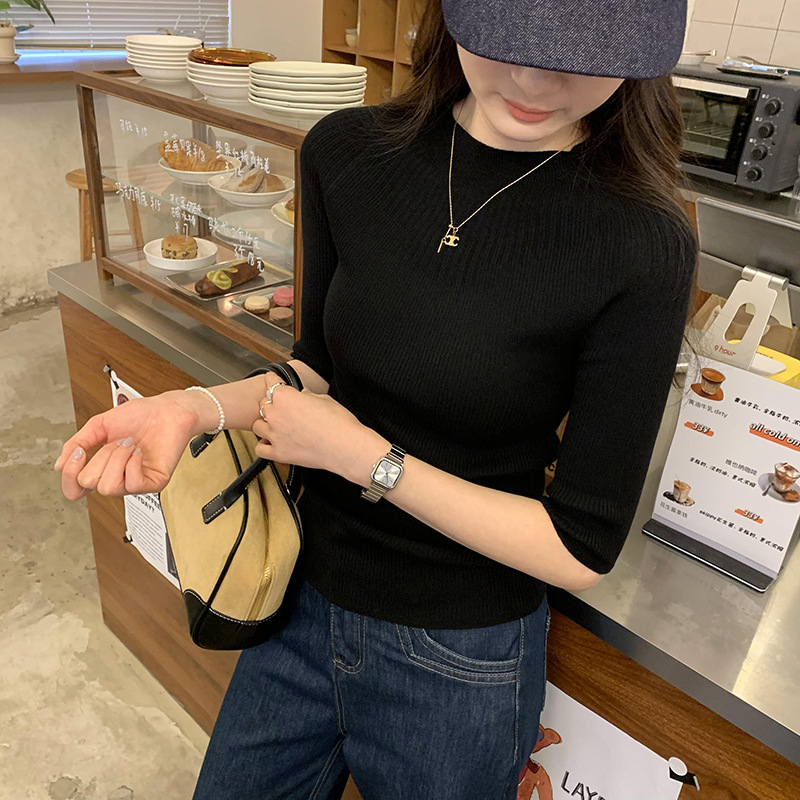 Foreign Trade in stock Korean High-end Sense Shoulder Sleeve Wool Knitwear Women's Spring and Summer 2025 New Slim-fit Spice Girl Top