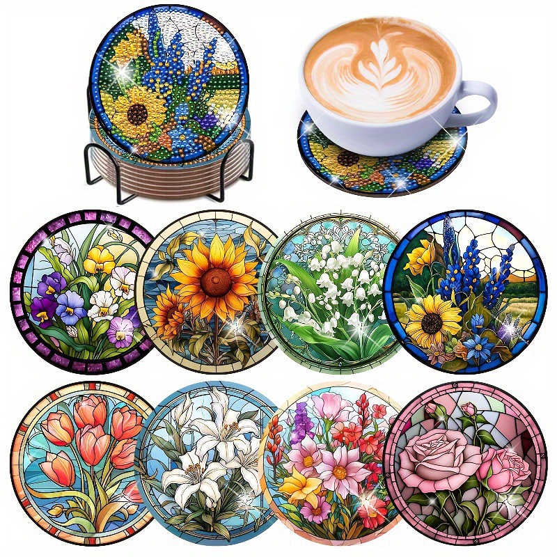Ventas transfronterizas calientes de 8 piezas de conjunto de cojín de taza de arte de diamante, con soporte, pequeño conjunto de pintura de diamante, adecuado para adultos
