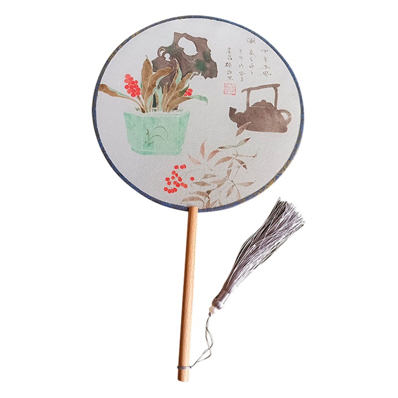 Ventilador redondo de estilo antiguo ventilador de doble cara de mango largo danza ventilador publicitario traje antiguo Hanfu cheongsam ventilador redondo de estilo chino ventilador de palacio al por mayor