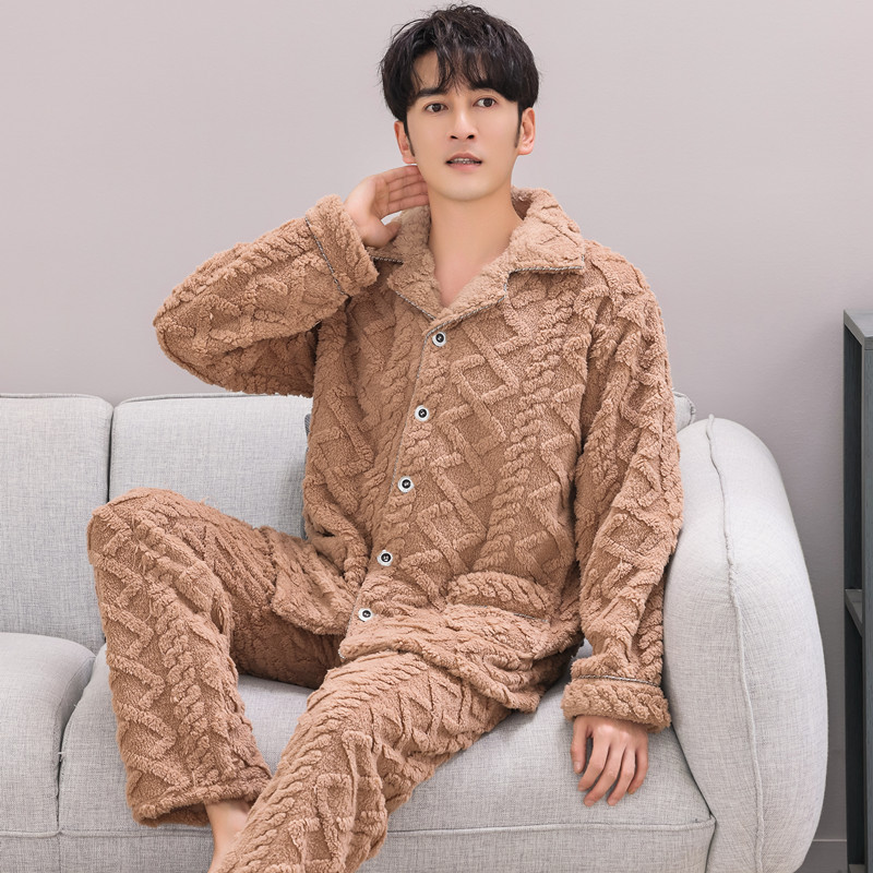 Pijamas de lana de coral coreana para hombres otoño y invierno engrosados franela se pueden usar cardigan de manga larga de invierno conjunto de ropa para el hogar