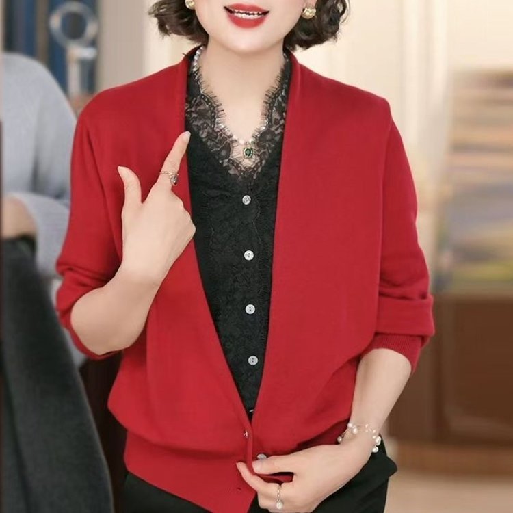一件代发2025早春新品年轻妈妈洋气春装蕾丝假两件打底针织衫上衣|undefined