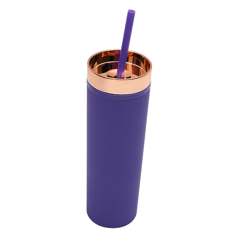 Transfronterizo Amazon Spot 16OZ Taza de paja recta Taza de plástico de doble capa con tapa de oro rosa Taza de agua de pintura de goma esmerilada