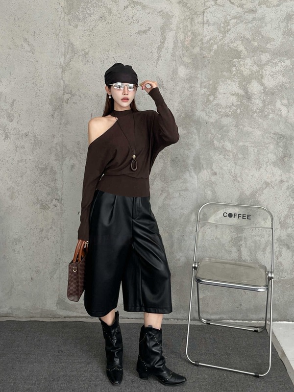高品PU皮短裤靴裤女秋冬高腰宽松休闲显瘦A字七分小个子阔腿裤|undefined