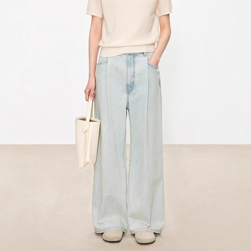 Th ~ Row Italian Denim light blue Washed Relaxed Skinny Three-dimensional Pleated Low Crotch Loose Wide Leg Pants