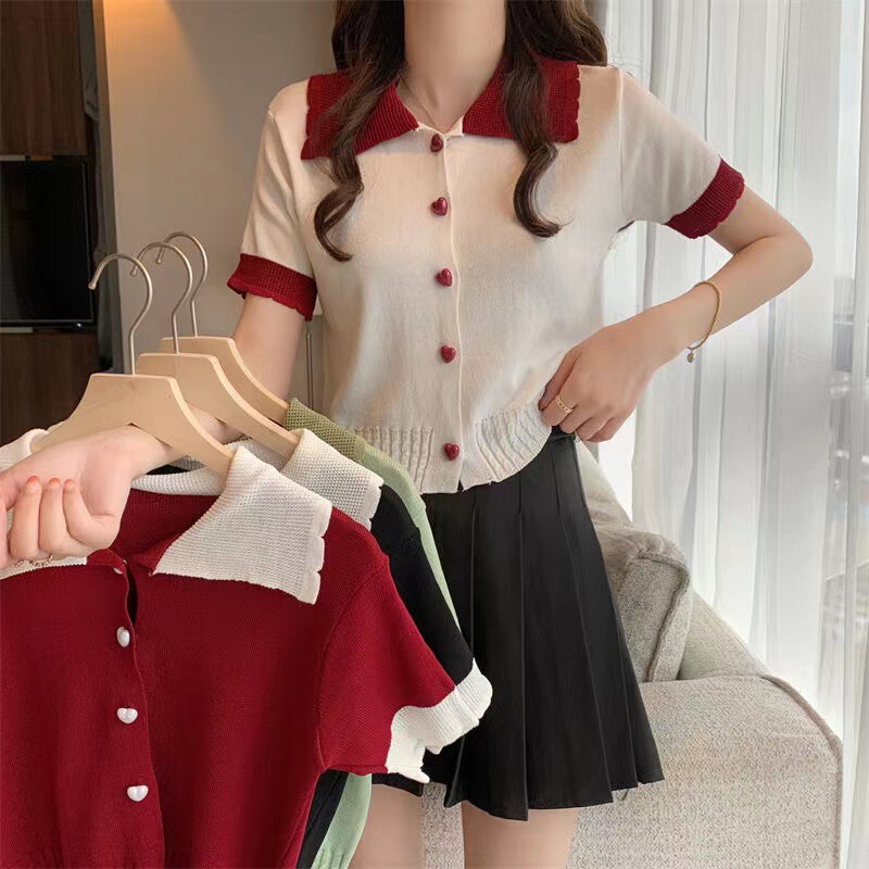 Design sense niche high waist short knitted cardigan for Women summer short sleeve lapel contrast color sweet doll collar top for women