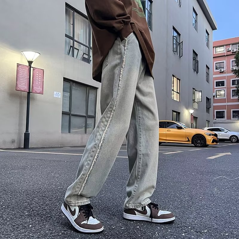 Side frayed jeans men's loose straight trousers ins fashion brand trendy high street retro wide leg vertical casual pants Side frayed jeans men's loose straight trousers ins fashion brand trendy high street retro wide leg vertical casual pants