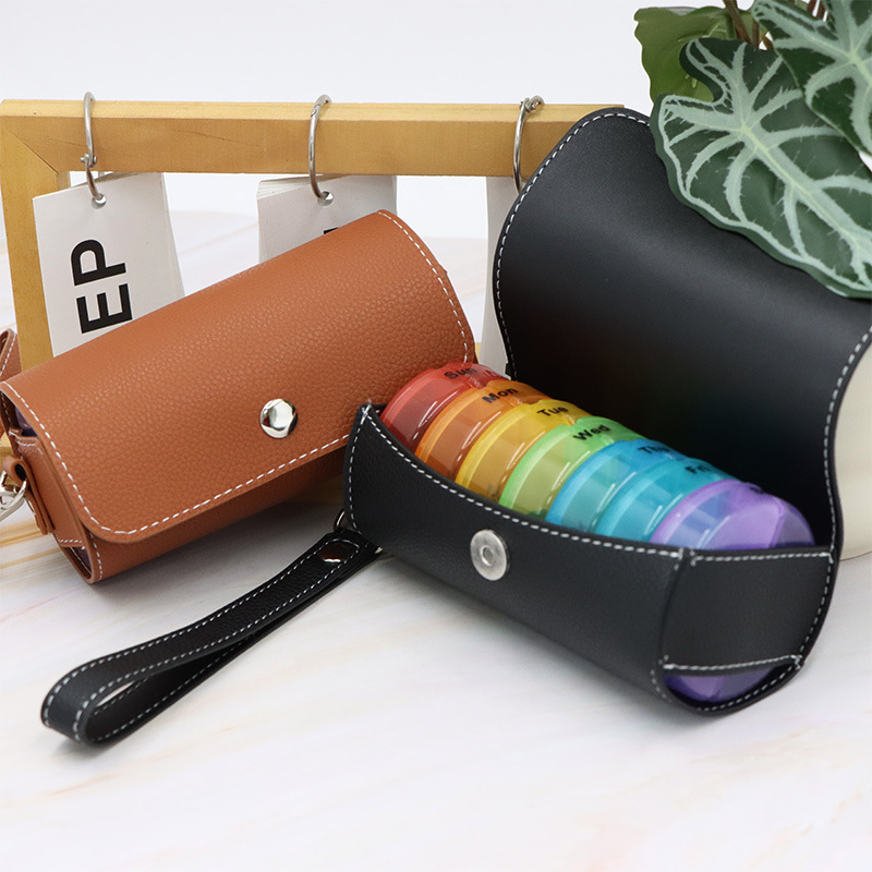 现货便携14格皮包药盒7天大容量药丸圆形分格收纳盒防尘防潮分装