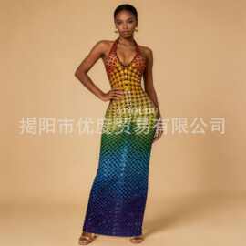 时尚闪亮水钻性感网纱挂脖长裙酒会派对礼服时装秀演出七彩琉璃甲