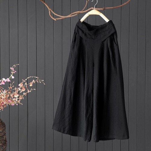 Relaxed Drop Comfort Literary Cotton Linen Wide Leg Pants for Women 2026 Summer Half Elastic High-Waist Casual Slimming Nine-Foot Pants