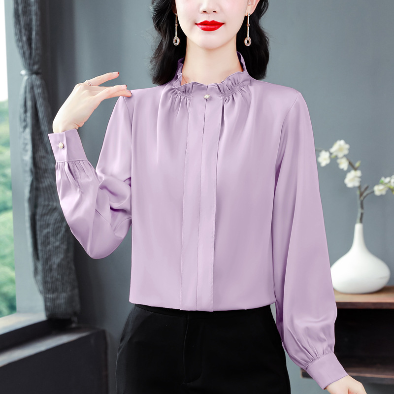 Heavy Mulberry Silk Top Women's Spring and Autumn New Lace Collar Solid Color Long Sleeve High-end Design Sense Silk Straight Shirt