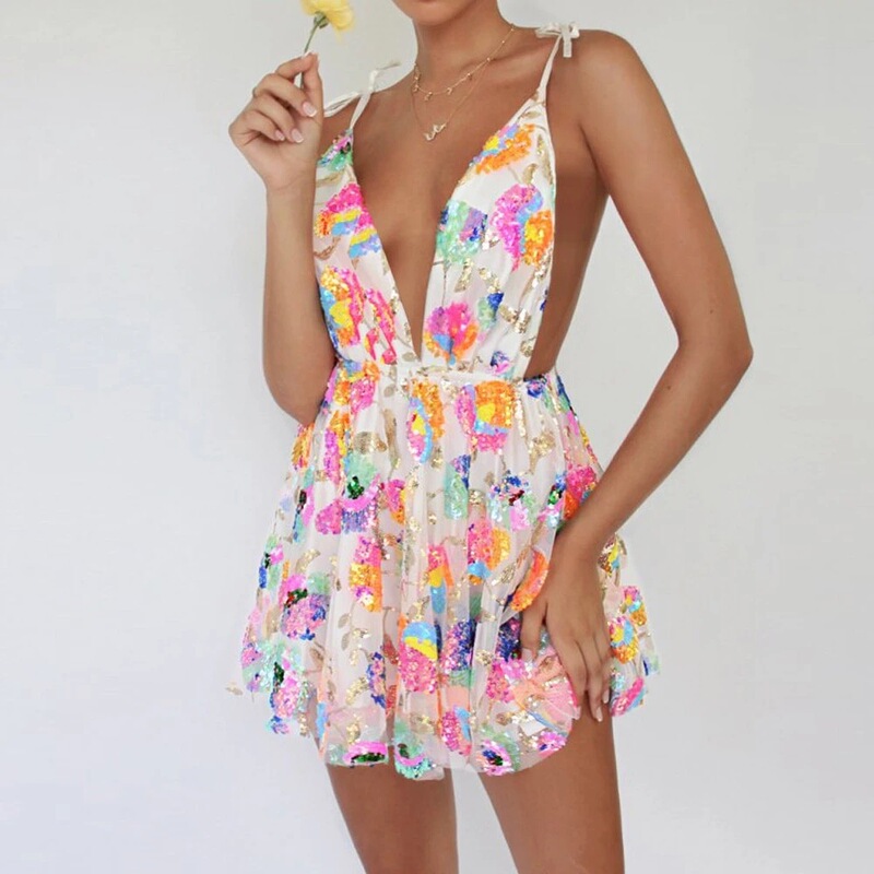 2022 Foreign Trade Cross-border Cross-border Amazon European and American Deep V Backless Sequin Floral Lace-up Women's Sexy Skirt