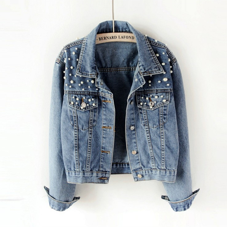 Cross-border Amazon Women's Short Denim Coat Foreign Trade Beaded Pearl Jacket Loose Spring and Autumn New Denim Clothes Cross-border Amazon Women's Short Denim Coat Foreign Trade Beaded Pearl Jacket Loose Spring and Autumn New Denim Clothes
