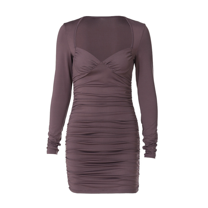 Women Clothing Autumn Deep V Plunge Plunge Tube Top Long Sleeve Slim Pleated Dress