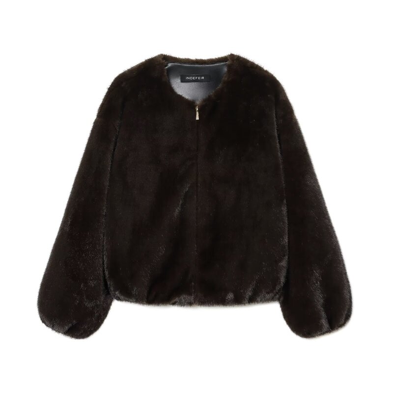 Women's Brown Round Neck Short Faux Fur Effect Bomber Jacket Autumn and Winter New European and American Cross-Border Zipper Jacket