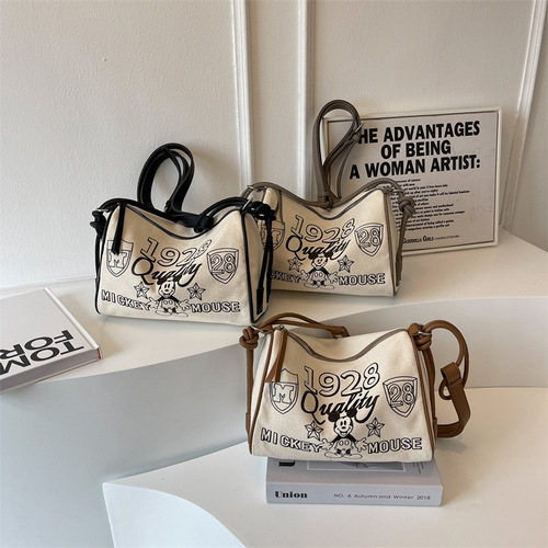 Large-capacity cartoon printed canvas bag women's bag summer new casual shoulder bag simple contrasting crossbody bag