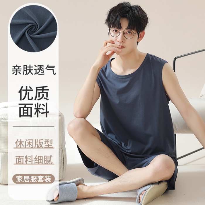 2024 verano de punto pijama de algodón chaleco de hombre pantalones cortos sin mangas delgados casero simple conjunto de ropa de casa al por mayor