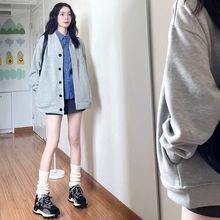 日系休闲开衫V领卫衣2025秋冬新款棒球服单排扣外套女装跨境批发