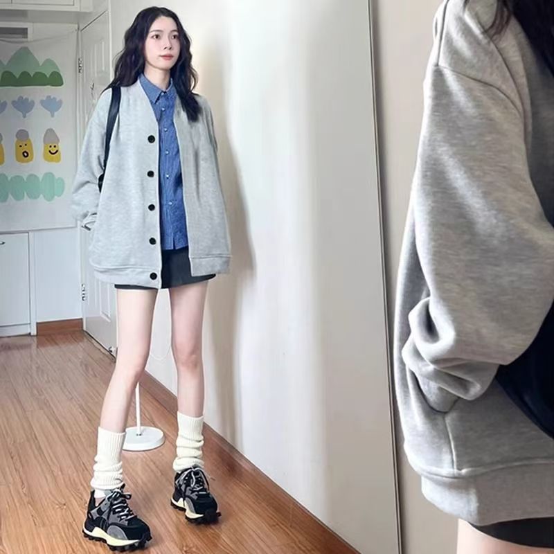 Japanese-Style Casual Cardigan V-Neck Sweatshirt 2025 Autumn and Winter New Baseball Jacket Single-Breasted Coat Women's Cross-Border Wholesale