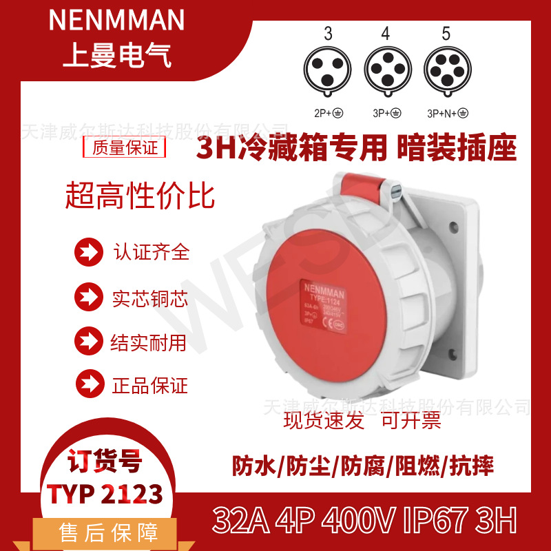 特价3H冷箱专用插座 TYP:2123工业防水暗装插座32A 4芯 IP67 专票