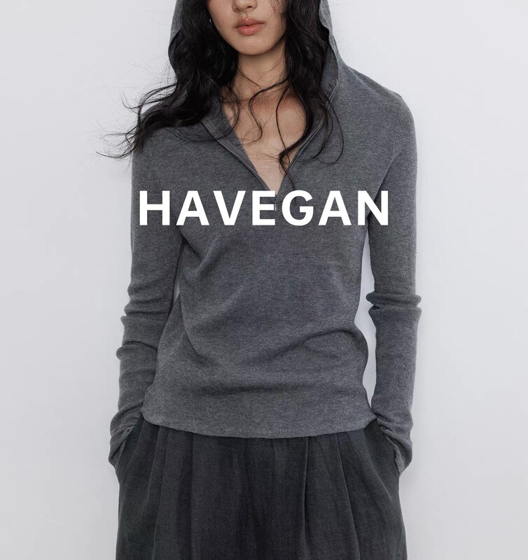 与间HAVEGAN/秋季连帽羊毛长袖针织衫女打底纯色慵懒弹力休闲上衣|undefined