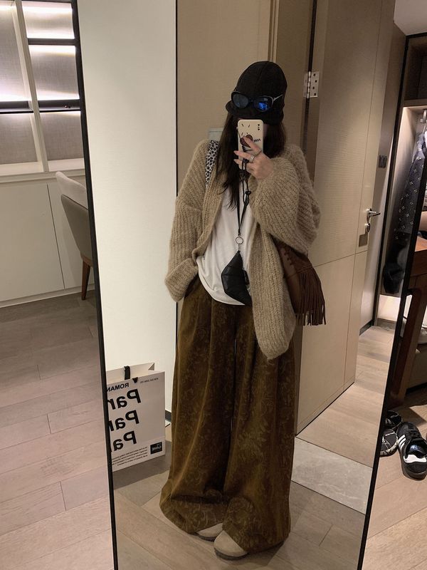 老钱风时尚复古水洗印花高腰直筒拖地阔腿裤女2025秋冬印花休闲裤|undefined