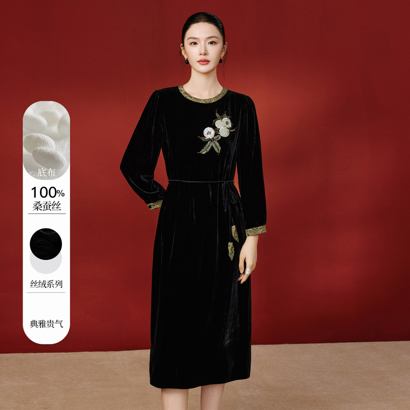 5655 New Chinese-style silk velvet dress for women, 100% mulberry silk base fabric, tie-waist mid-length dress